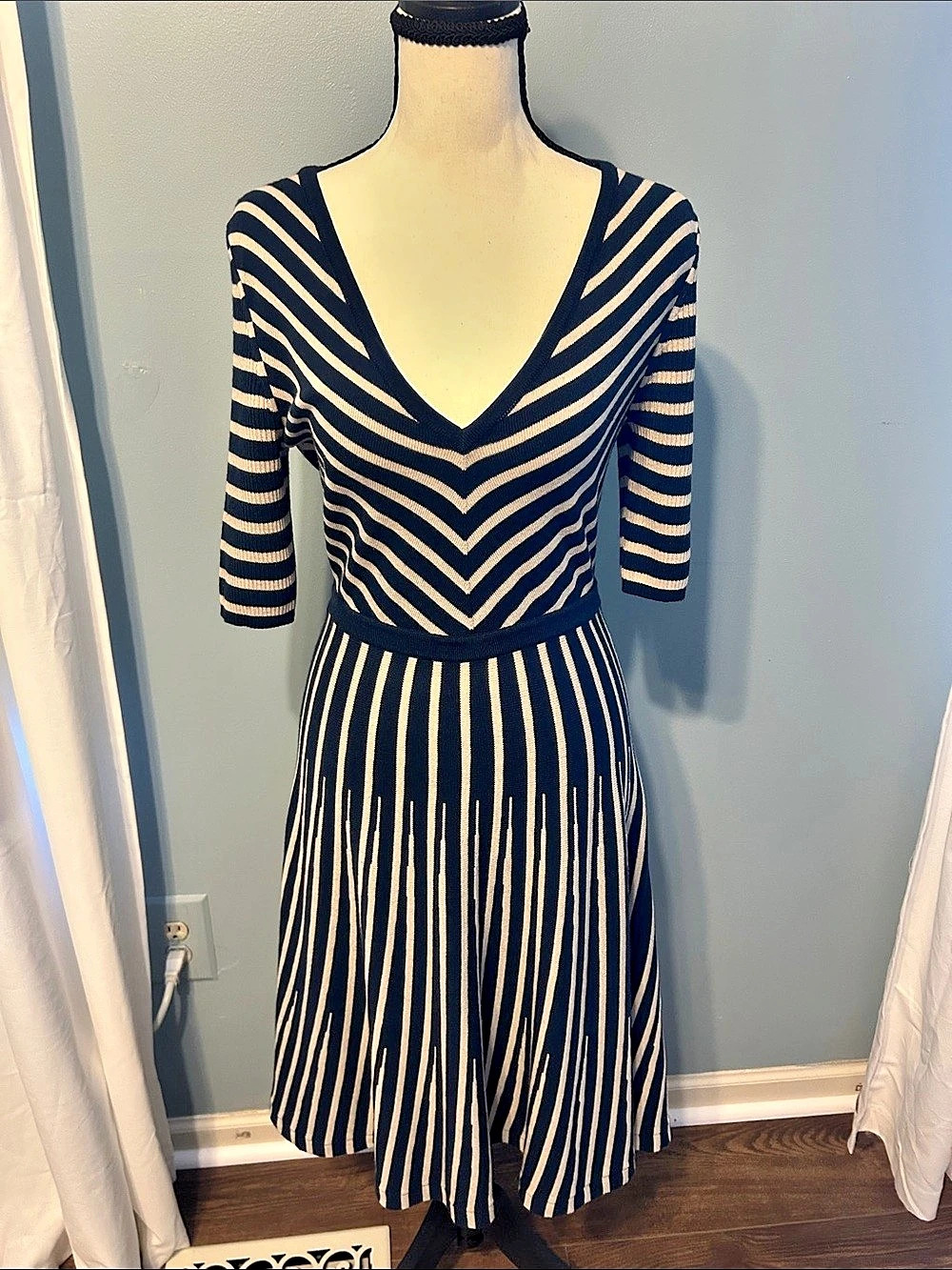 Boden Striped Knit Midi Dress Blue & Cream Medium